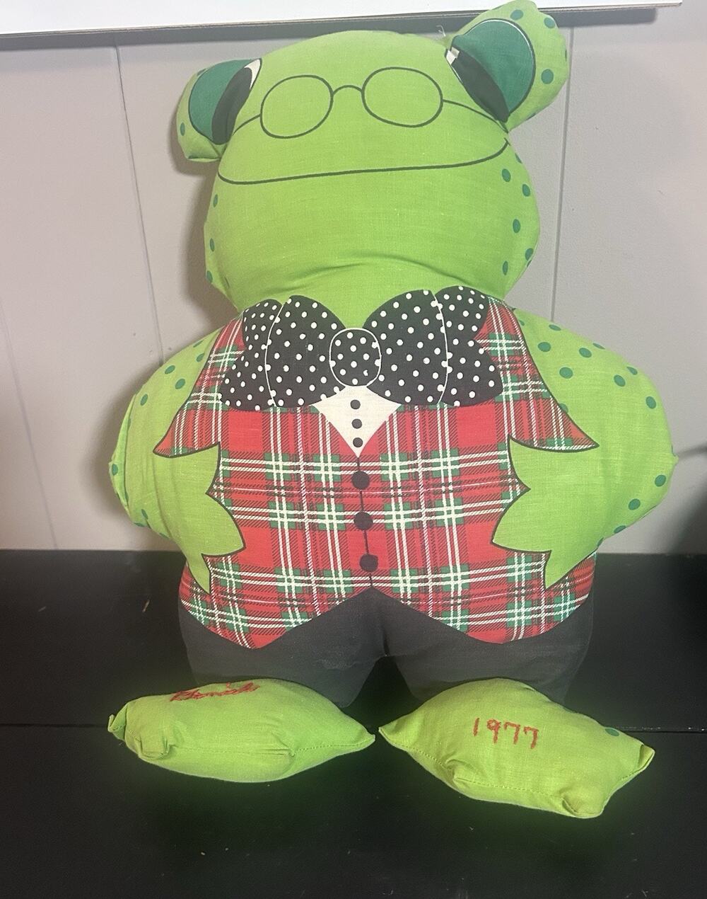 Vintage 1977 Handmade Frog Doll Plush Daniel Personalized Green Plaid 19”